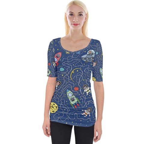 Cat Cosmos Cosmonaut Rocket Wide Neckline Tee by Sapixe