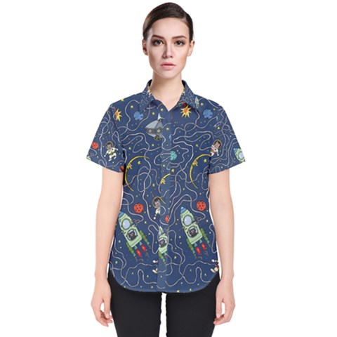 Cat Cosmos Cosmonaut Rocket Women s Short Sleeve Shirt by Sapixe