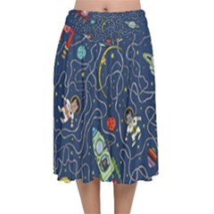 Cat Cosmos Cosmonaut Rocket Velvet Flared Midi Skirt by Sapixe