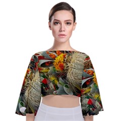 Flower Color Nature Plant Crafts Tie Back Butterfly Sleeve Chiffon Top by Sapixe