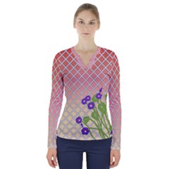 Morning Glory Argyle (sunset) Pattern V-neck Long Sleeve Top by emilyzragz