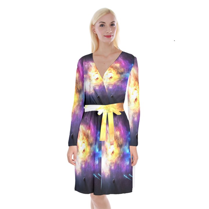 colors of the planets Long Sleeve Velvet Front Wrap Dress