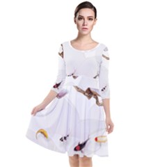 Fishes And Flowers Quarter Sleeve Waist Band Dress