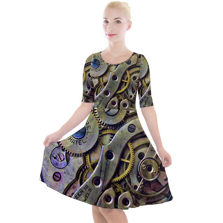  Clock Steampunk Gear  Quarter Sleeve A-Line Dress