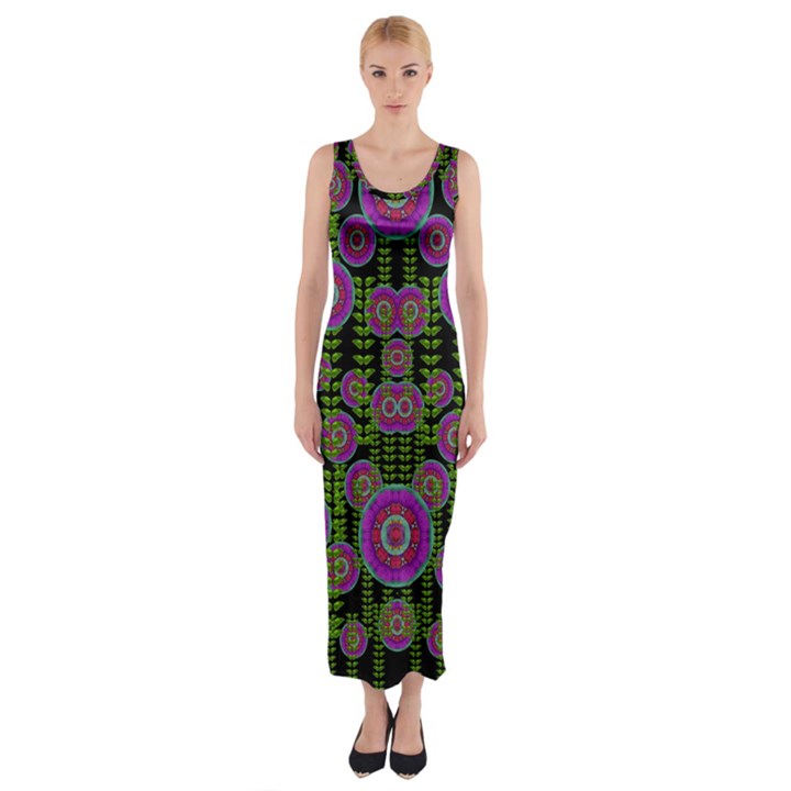 Black Lotus Night In Climbing Beautiful Leaves Fitted Maxi Dress