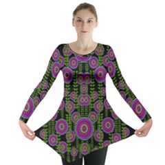 Black Lotus Night In Climbing Beautiful Leaves Long Sleeve Tunic  by pepitasart