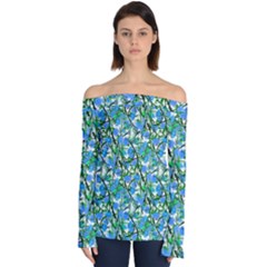 Green Blue Flora Off Shoulder Long Sleeve Top by 1dsign