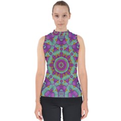 Water Garden Lotus Blossoms In Sacred Style Mock Neck Shell Top by pepitasart