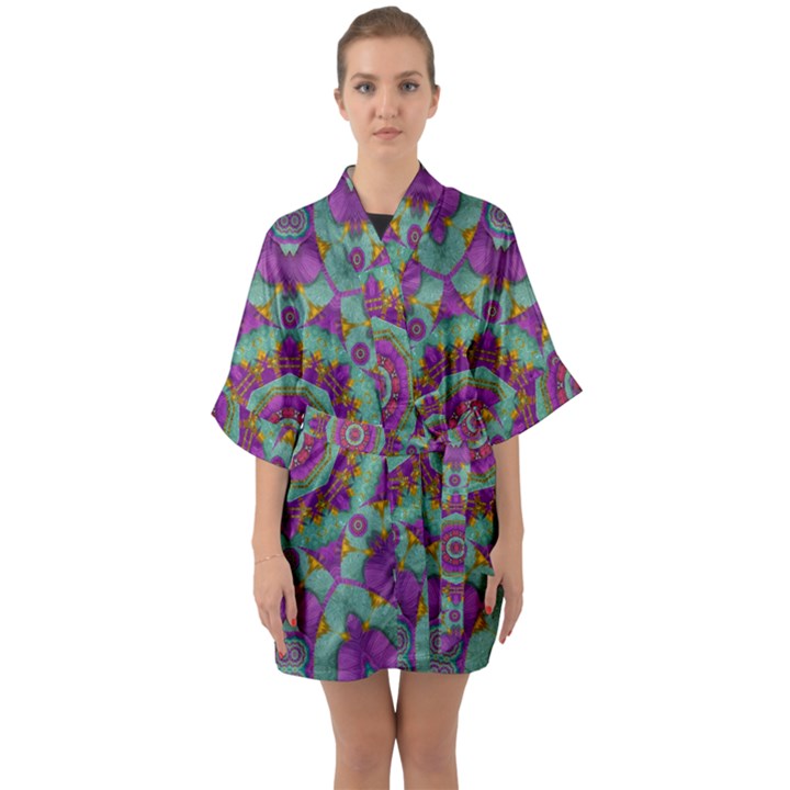 Water Garden Lotus Blossoms In Sacred Style Quarter Sleeve Kimono Robe