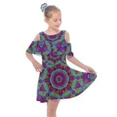 Water Garden Lotus Blossoms In Sacred Style Kids  Shoulder Cutout Chiffon Dress by pepitasart