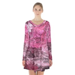 Pink Crystal Fractal Long Sleeve Velvet V-neck Dress