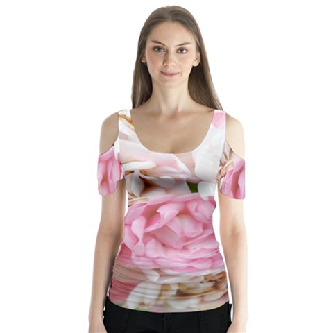 Pink And White Flowers Butterfly Sleeve Cutout Tee  by bloomingvinedesign