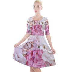 Pink And White Flowers Quarter Sleeve A-line Dress