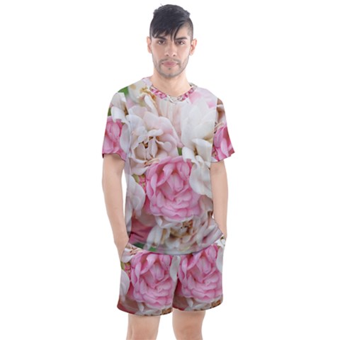 Pink And White Flowers Men s Mesh Tee And Shorts Set by bloomingvinedesign