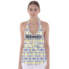 Retro Blue Yellow Brown Teal Dot Pattern Babydoll Tankini Top by BrightVibesDesign