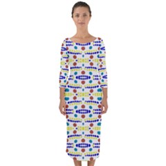 Retro Blue Yellow Brown Teal Dot Pattern Quarter Sleeve Midi Bodycon Dress by BrightVibesDesign