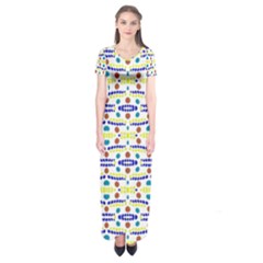 Retro Blue Yellow Brown Teal Dot Pattern Short Sleeve Maxi Dress by BrightVibesDesign