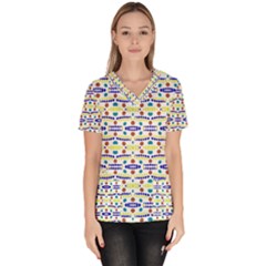 Retro Blue Yellow Brown Teal Dot Pattern Women s V-neck Scrub Top by BrightVibesDesign