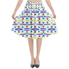 Retro Blue Yellow Brown Teal Dot Pattern Flared Midi Skirt by BrightVibesDesign