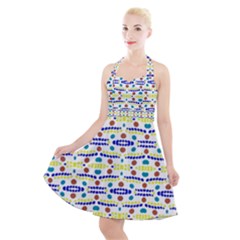 Retro Blue Yellow Brown Teal Dot Pattern Halter Party Swing Dress 