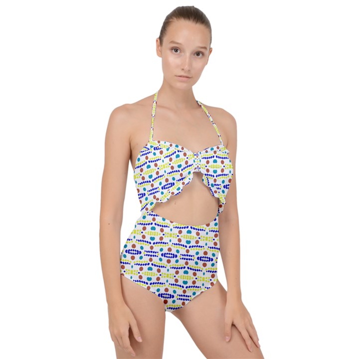 Retro Blue Yellow Brown Teal Dot Pattern Scallop Top Cut Out Swimsuit