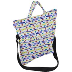 Retro Blue Yellow Brown Teal Dot Pattern Fold Over Handle Tote Bag by BrightVibesDesign