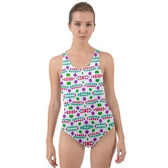 Retro Purple Green Pink Pattern Cut-out Back One Piece Swimsuit by BrightVibesDesign