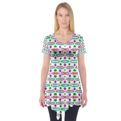 Retro Purple Green Pink Pattern Short Sleeve Tunic  by BrightVibesDesign