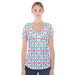 Retro Purple Green Pink Pattern Short Sleeve Front Detail Top by BrightVibesDesign