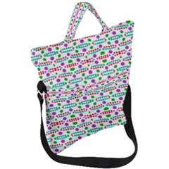 Retro Purple Green Pink Pattern Fold Over Handle Tote Bag by BrightVibesDesign