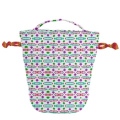 Retro Purple Green Pink Pattern Drawstring Bucket Bag by BrightVibesDesign