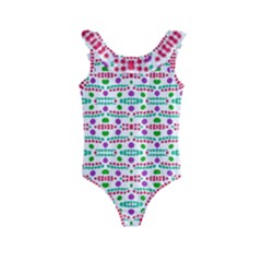 Retro Purple Green Pink Pattern Kids  Frill Swimsuit by BrightVibesDesign