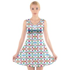 Retro Pink Green Blue Orange Dots Pattern V-neck Sleeveless Dress by BrightVibesDesign