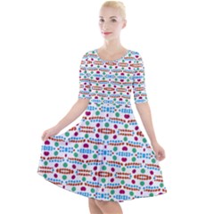 Retro Pink Green Blue Orange Dots Pattern Quarter Sleeve A-line Dress by BrightVibesDesign