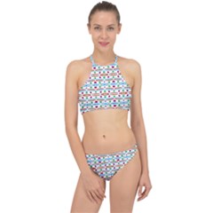 Retro Pink Green Blue Orange Dots Pattern Racer Front Bikini Set by BrightVibesDesign