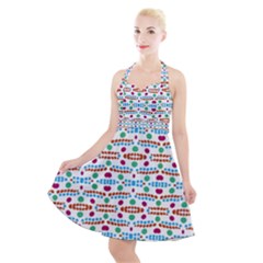 Retro Pink Green Blue Orange Dots Pattern Halter Party Swing Dress 