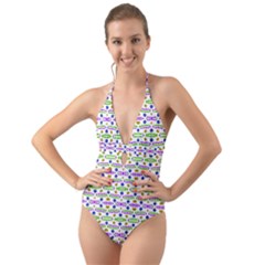 Retro Blue Purple Green Olive Dot Pattern Halter Cut-out One Piece Swimsuit by BrightVibesDesign