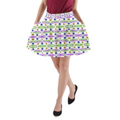 Retro Blue Purple Green Olive Dot Pattern A-line Pocket Skirt by BrightVibesDesign