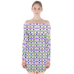 Retro Blue Purple Green Olive Dot Pattern Long Sleeve Off Shoulder Dress by BrightVibesDesign