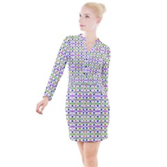 Retro Blue Purple Green Olive Dot Pattern Button Long Sleeve Dress by BrightVibesDesign