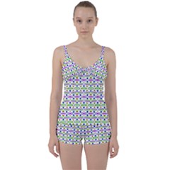 Retro Blue Purple Green Olive Dot Pattern Tie Front Two Piece Tankini by BrightVibesDesign