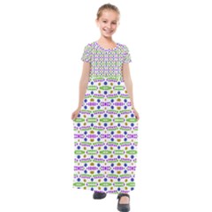 Retro Blue Purple Green Olive Dot Pattern Kids  Short Sleeve Maxi Dress