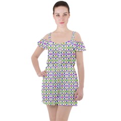 Retro Blue Purple Green Olive Dot Pattern Ruffle Cut Out Chiffon Playsuit by BrightVibesDesign