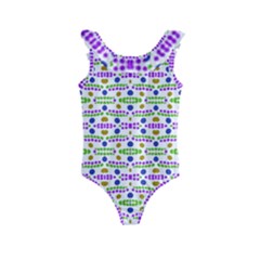 Retro Blue Purple Green Olive Dot Pattern Kids  Frill Swimsuit by BrightVibesDesign