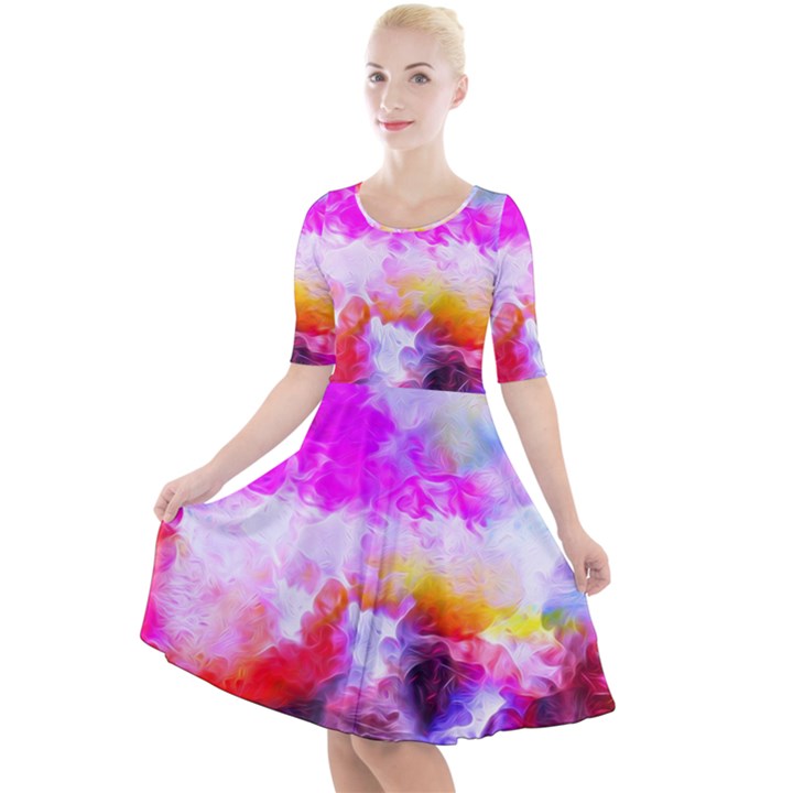 Background Drips Fluid Colorful Quarter Sleeve A-Line Dress