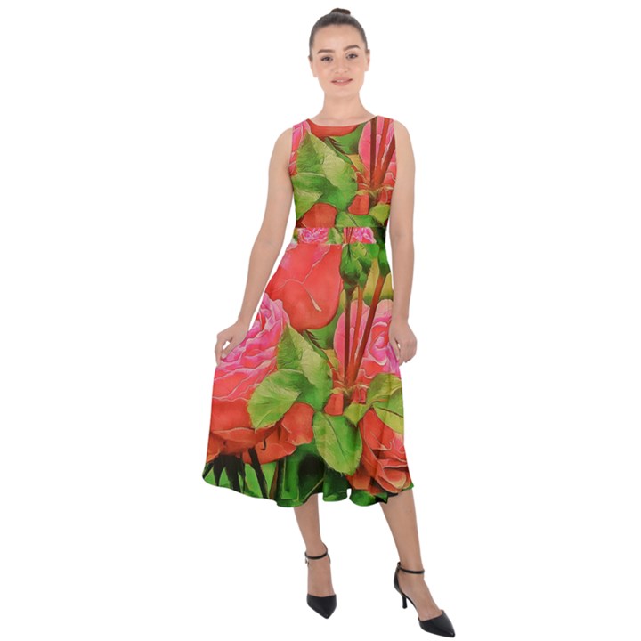 Figure Watercolor Art Nature Midi Tie-Back Chiffon Dress