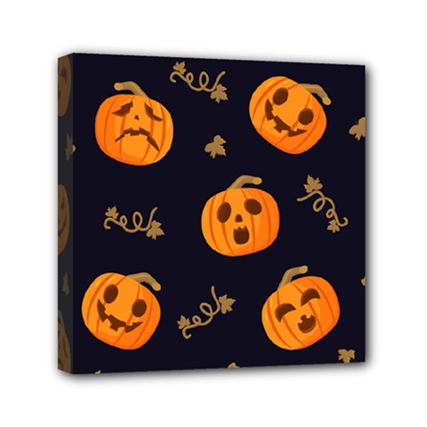 Funny Scary Black Orange Halloween Pumpkins Pattern Mini Canvas 6  X 6  (stretched) by HalloweenParty