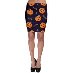 Funny Scary Black Orange Halloween Pumpkins Pattern Bodycon Skirt