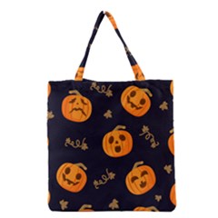 Funny Scary Black Orange Halloween Pumpkins Pattern Grocery Tote Bag by HalloweenParty