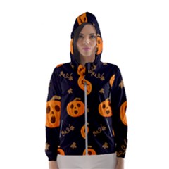 Funny Scary Black Orange Halloween Pumpkins Pattern Hooded Windbreaker (women)